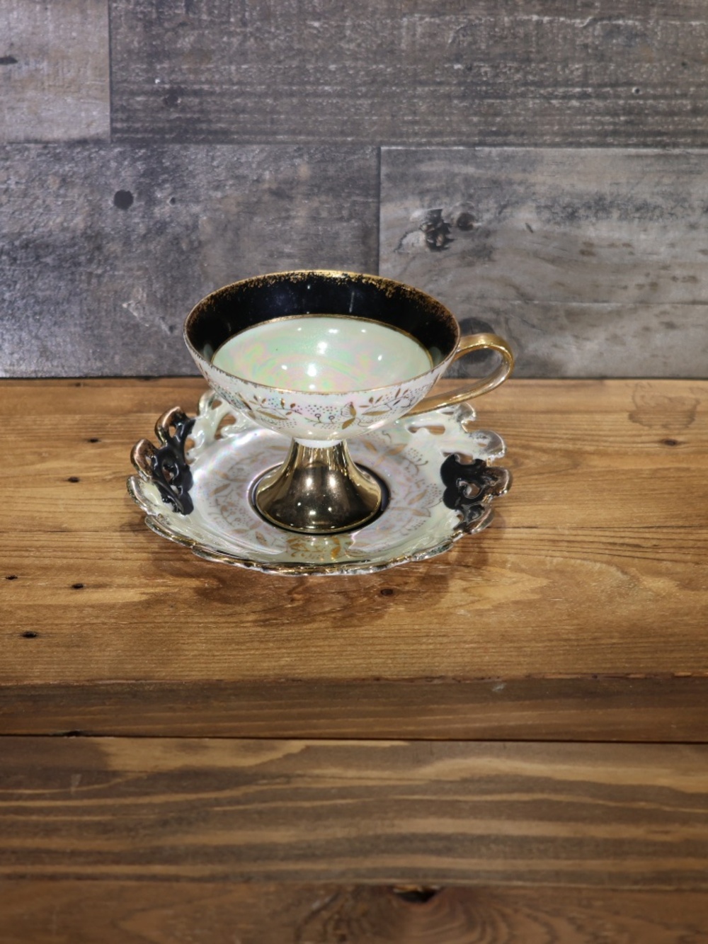 Vtg Japan Black Gold Porcelain Teacup Saucer Lusterware Iridescent Hand painted